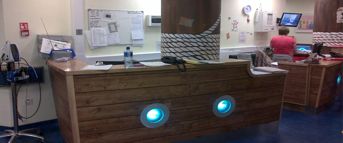 Unique hand made pirate ship design reception desk in the newly refurbished children's ward, Kilkenny.